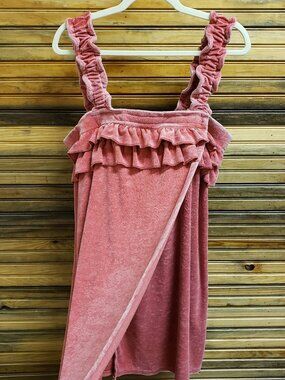 Jasmine & Ginger Pink Terry Cloth Spa Towel Wrap Bath Robe Velcro Ruffle L/XL